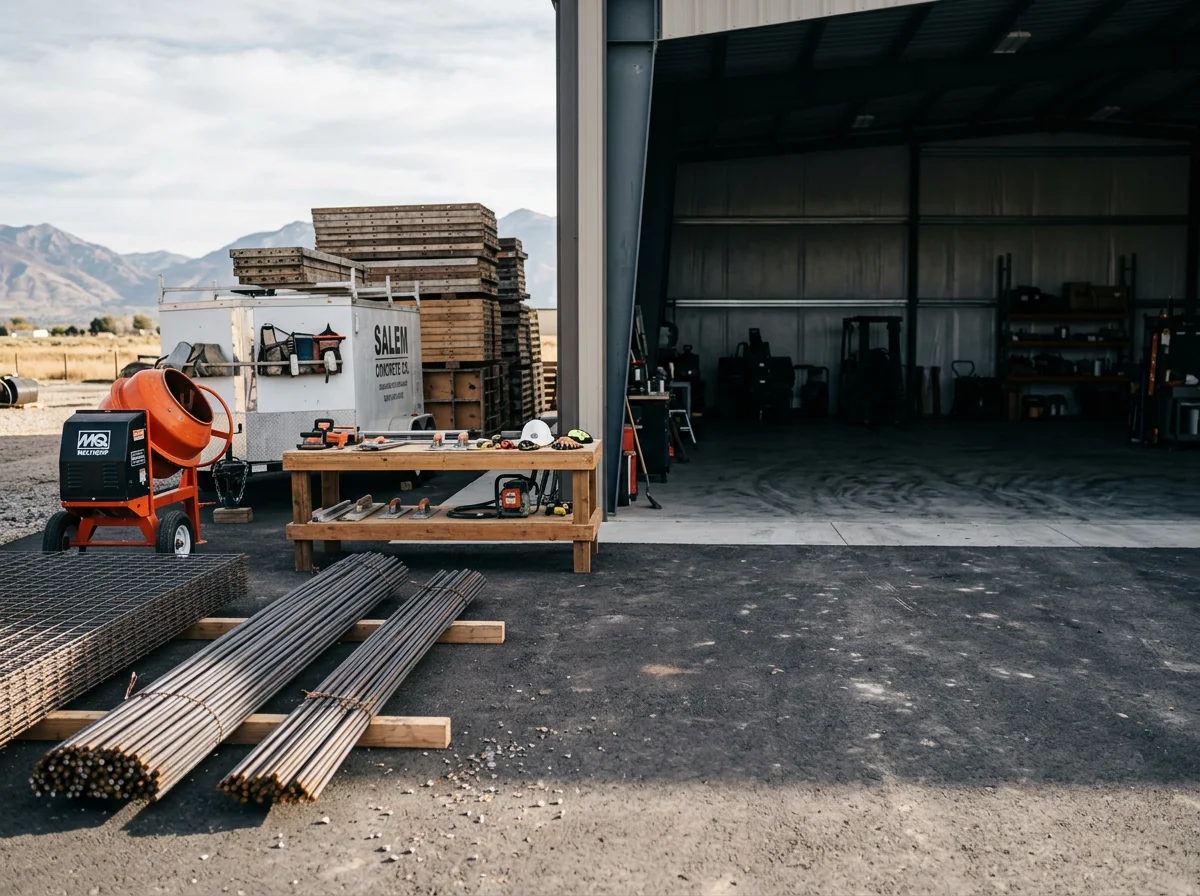 Construction site with tools, materials, and framing in progress; or contractor crew preparing for a job.