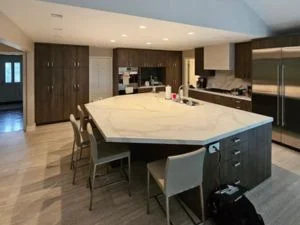 Modern kitchen with dark cabinetry, white quartz island, stainless steel appliances, and wood flooring