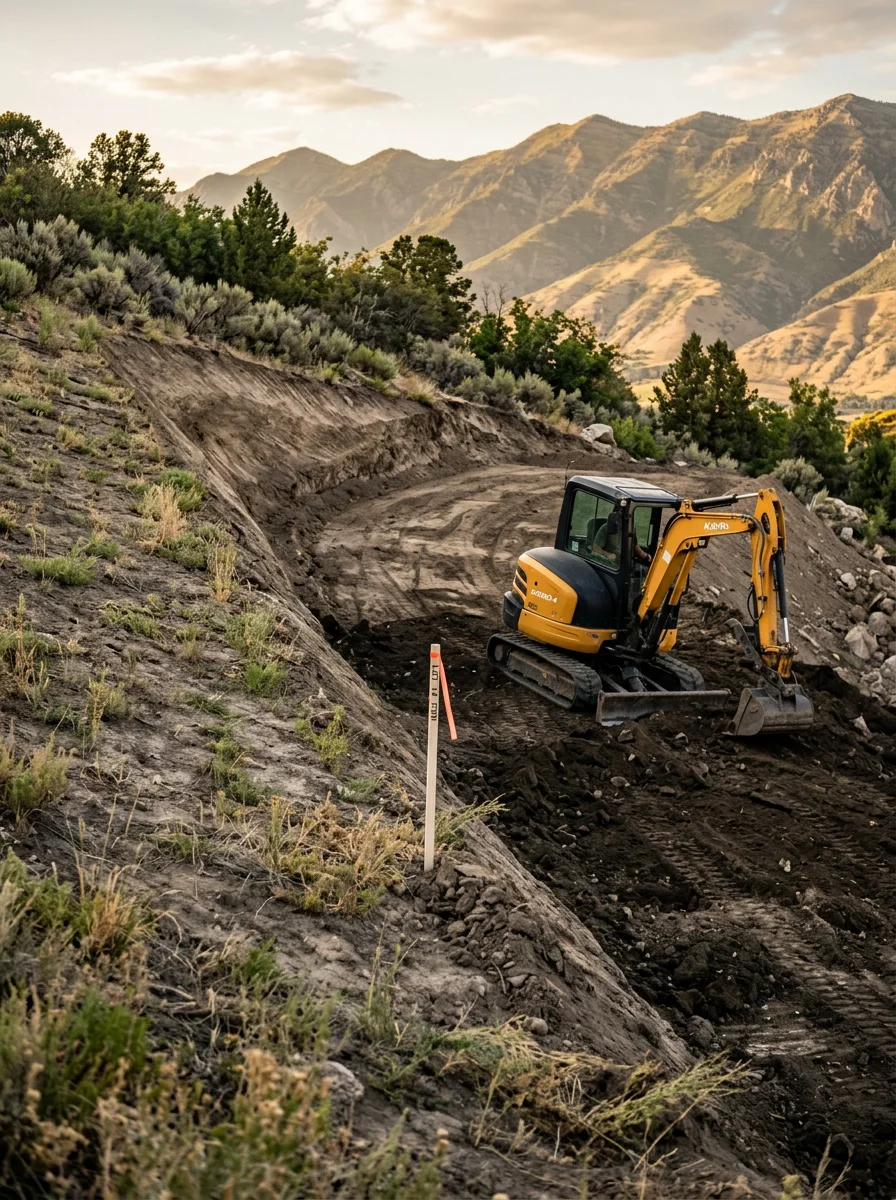 Excavation equipment grading a hillside building lot in Elk Ridge, Utah, preparing the site for a custom home foundation.