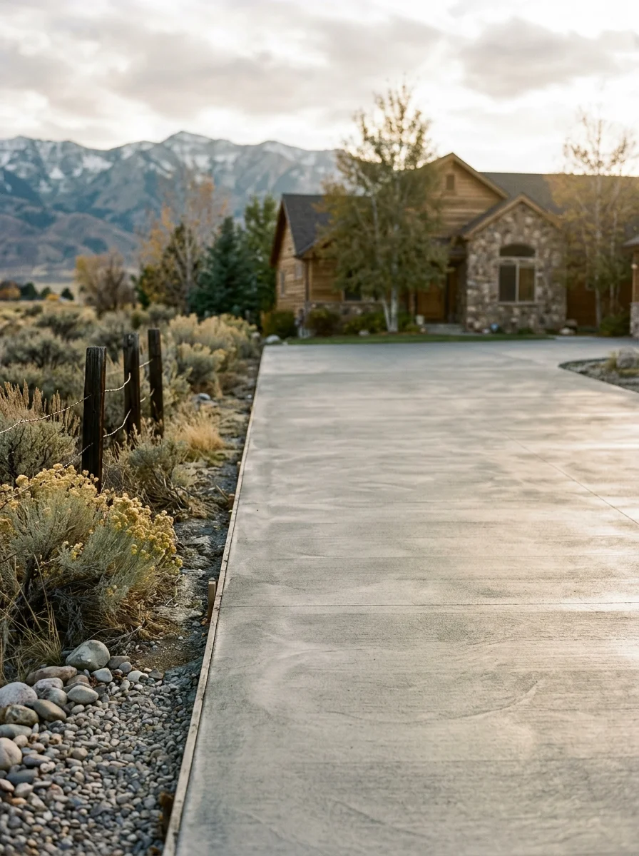 Concrete driveway pour on a Heber Valley residential property, with the crew finishing and grading the surface before the freeze-thaw season.