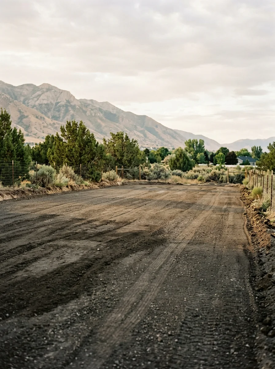 Graded and leveled east bench lot in Mapleton, Utah, prepared for a concrete driveway pour.
