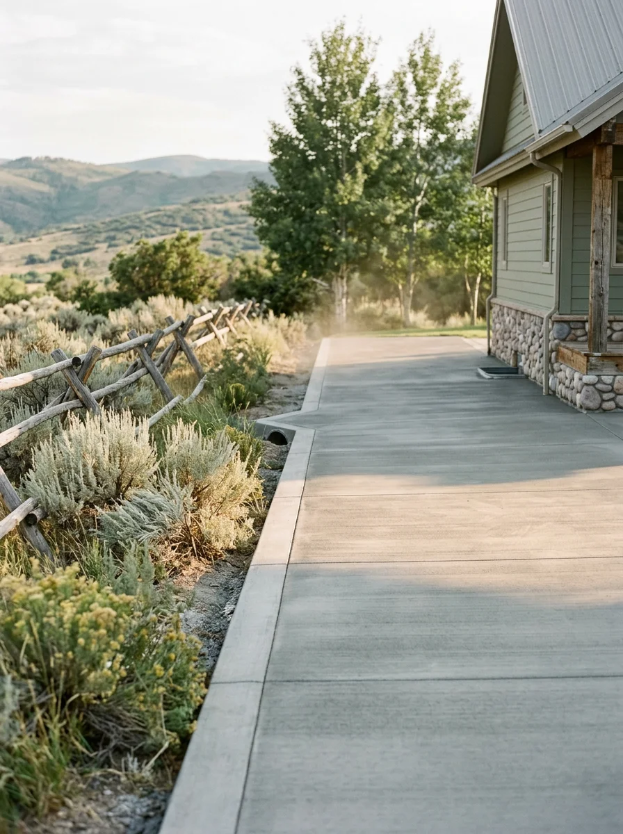 Freshly poured concrete driveway on a Midway estate lot, graded to drain away from the home's foundation.