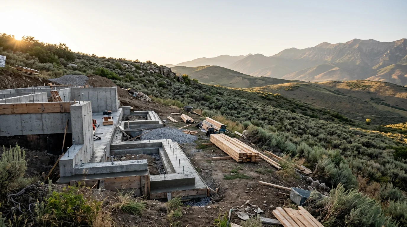 Custom home under construction on a large sloped lot in Midway, Utah, with Wasatch Mountain State Park visible in the background.