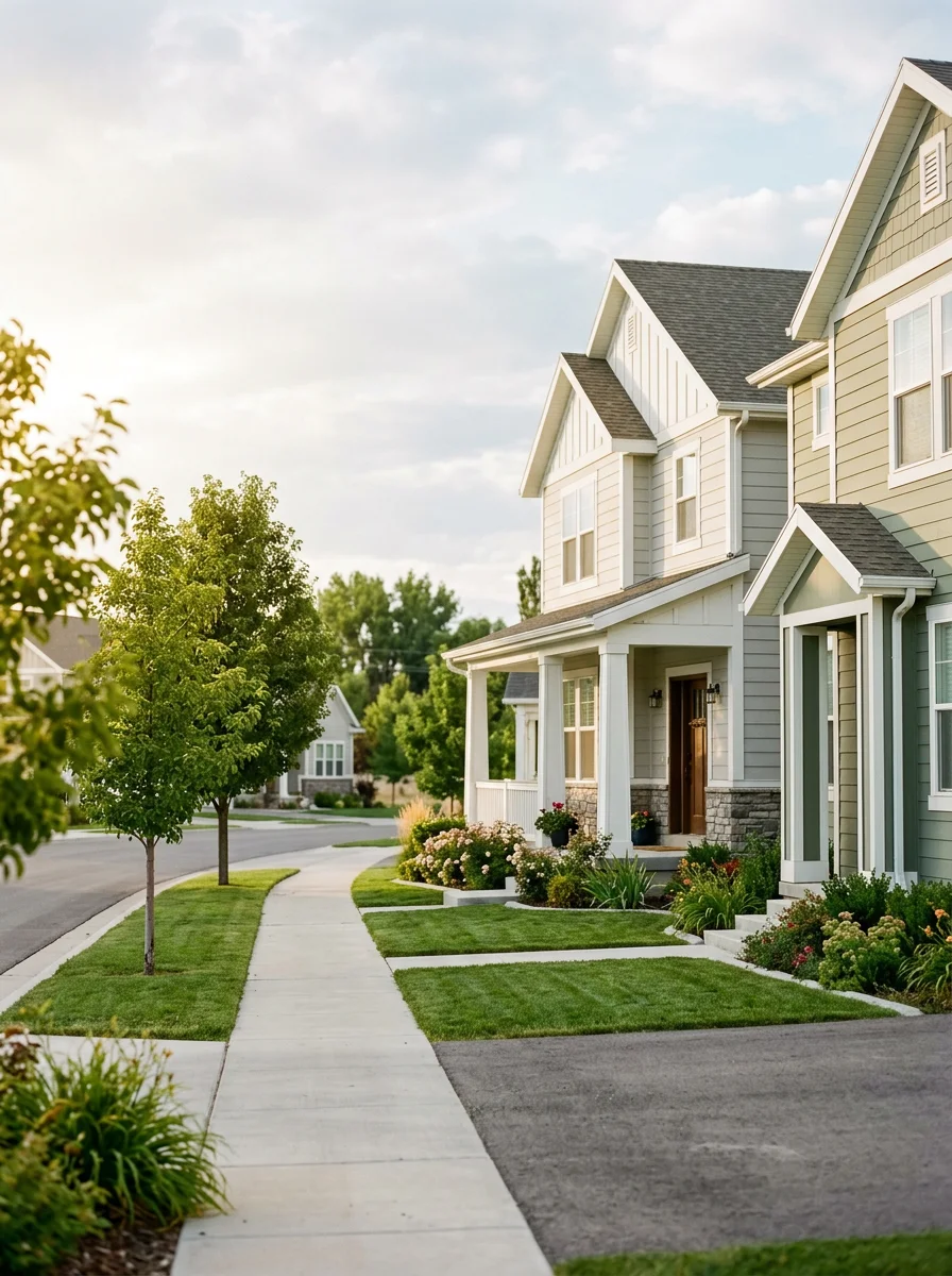 Freshly painted exterior of a Salem, Utah home in the Viridian community, with clean trim and updated siding.