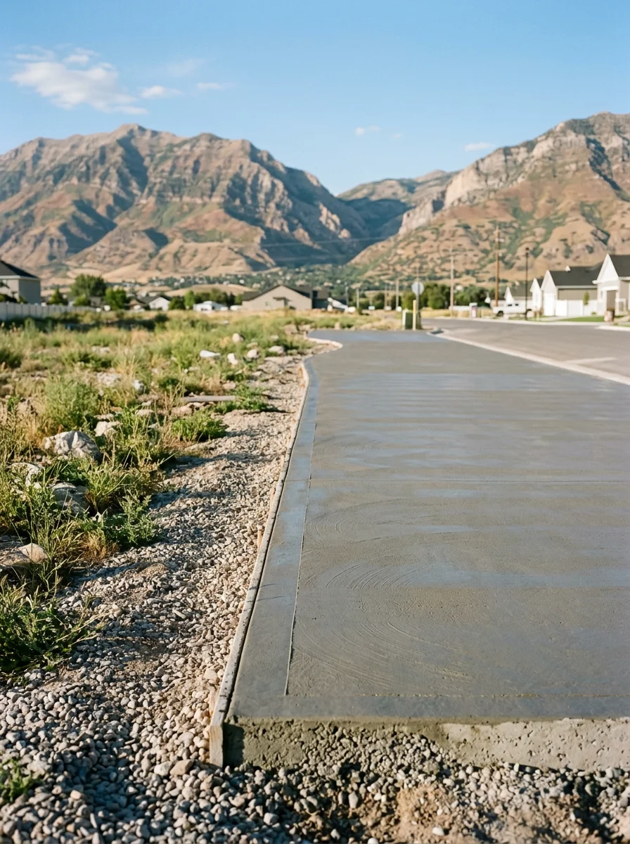 Newly poured concrete driveway on a Spanish Fork subdivision lot, with the Wasatch foothills visible to the east.