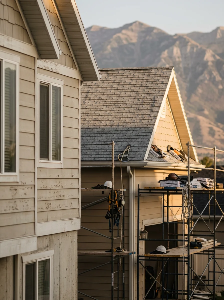 Roofing crew working on a steep-pitched east bench home in Springville, Utah, with the Wasatch Range in the background.