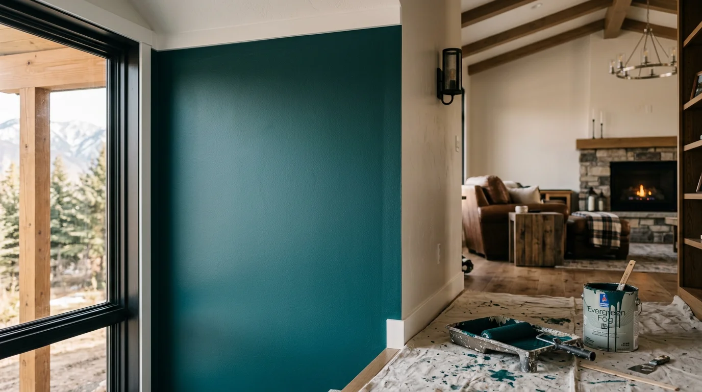 A freshly painted deep-toned accent wall in a Midway, Utah home interior, with clean edges along white trim and a neutral surrounding wall. The painted surface serves as a backdrop behind a main seating area in a mountain-style living room.