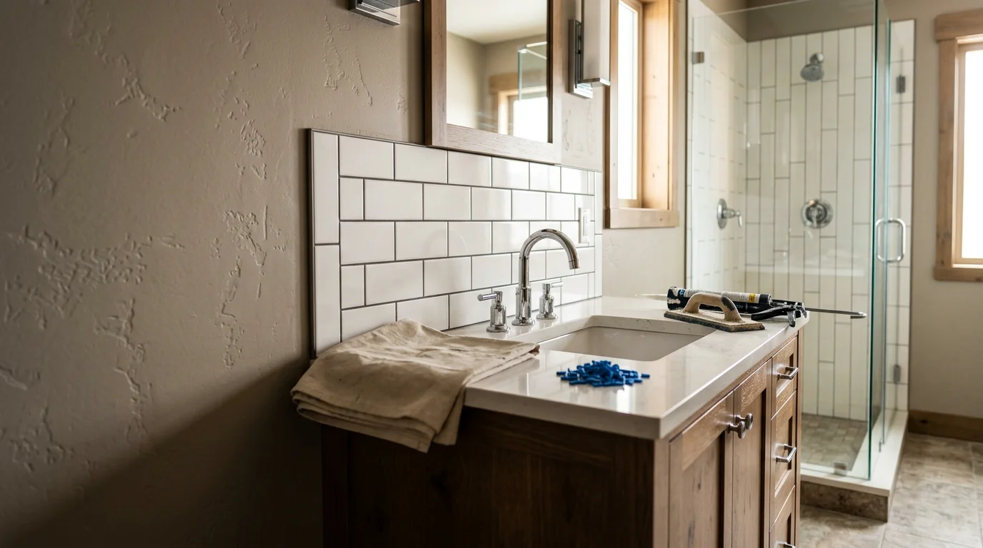 A remodeled bathroom interior in a Midway, Utah home featuring updated tile work, a new vanity, and a walk-in shower. The finished space reflects the clean, practical style common in mountain-area homes throughout the Heber Valley.