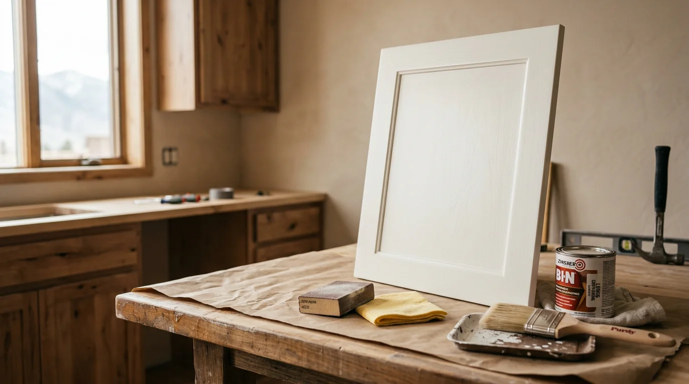 Freshly painted white kitchen cabinets in a Midway, Utah home, showing clean door fronts and smooth finish after professional cabinet painting service by Lewis Contracting.