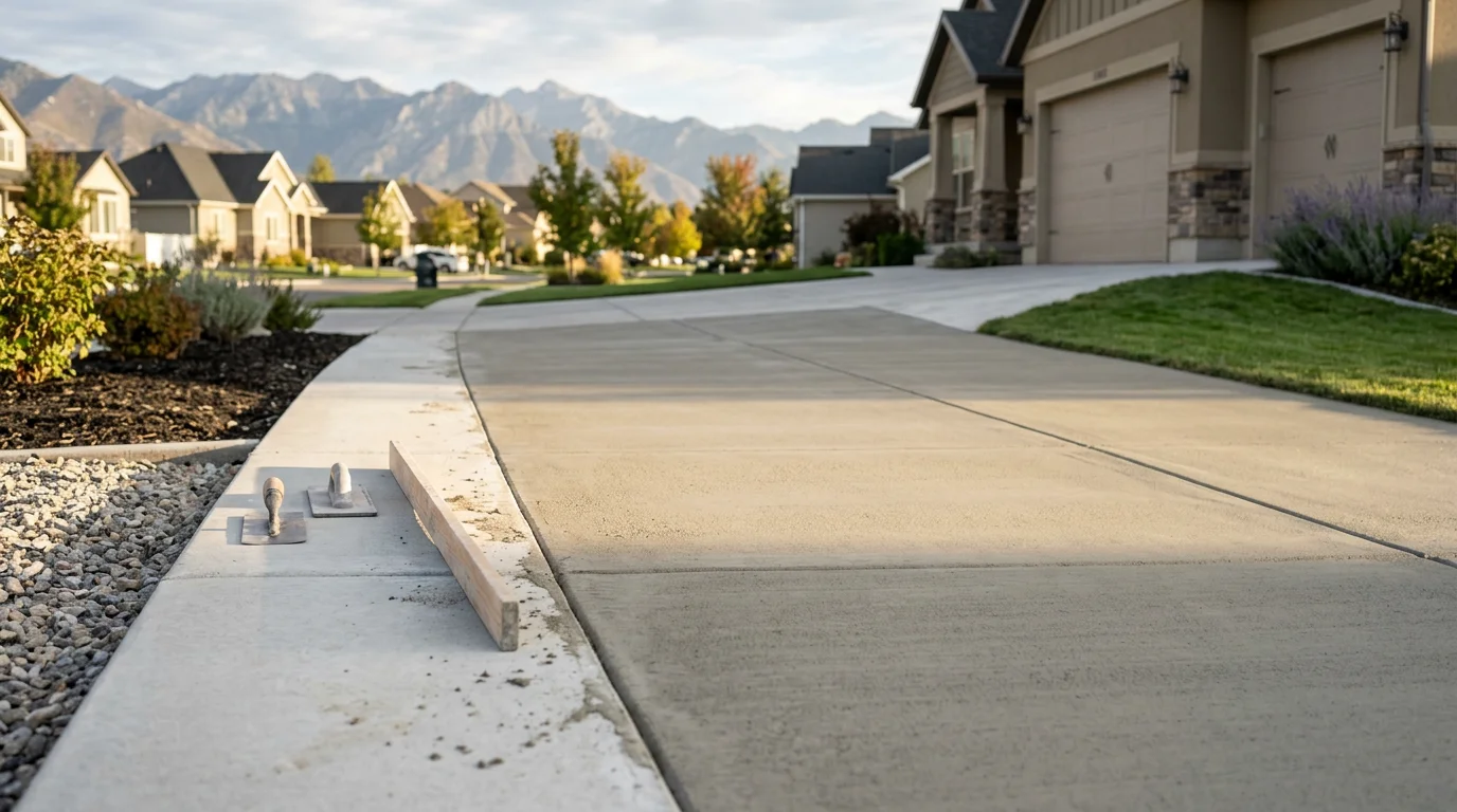 A freshly poured concrete driveway leading to a single-family home in Midway, Utah, with mountain views in the background. The surface is smooth and evenly finished, with clean edges and proper slope toward the street.