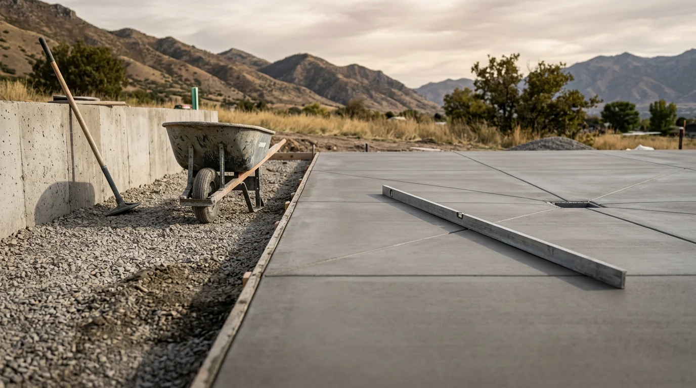 Freshly poured and broom-finished concrete flat work slab outside a residential property in Midway, Utah. The surface shows clean control joints and a smooth finish ready for foot traffic.
