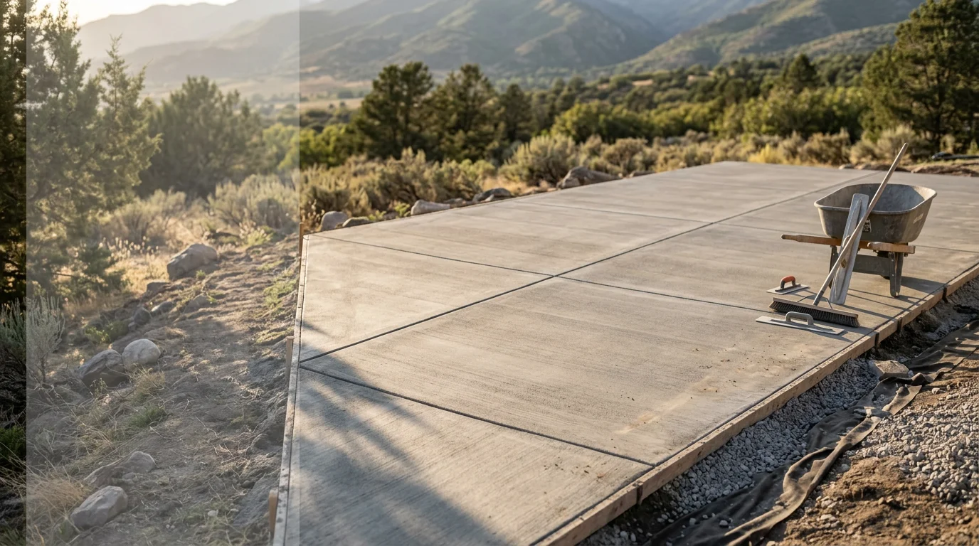 A finished concrete patio behind a residential home in Midway, Utah, with a smooth broom-finish surface and clean edges bordered by a mountain valley landscape. The slab is level and ready for outdoor furniture, with no visible cracking or settling.