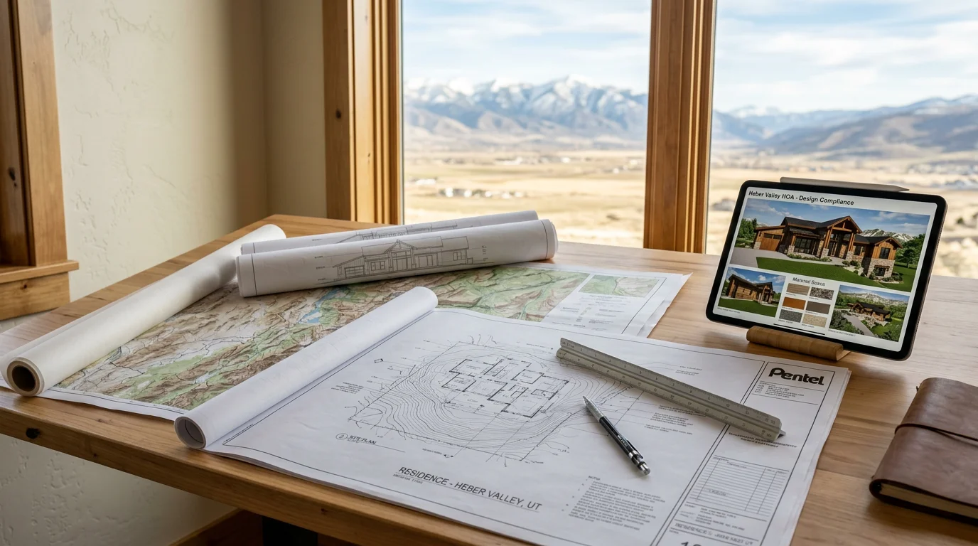 Custom home design plans laid out on a table with a Midway, Utah mountain landscape visible through a window. A locally owned builder reviews lot elevation and floor plan details with a homeowner.