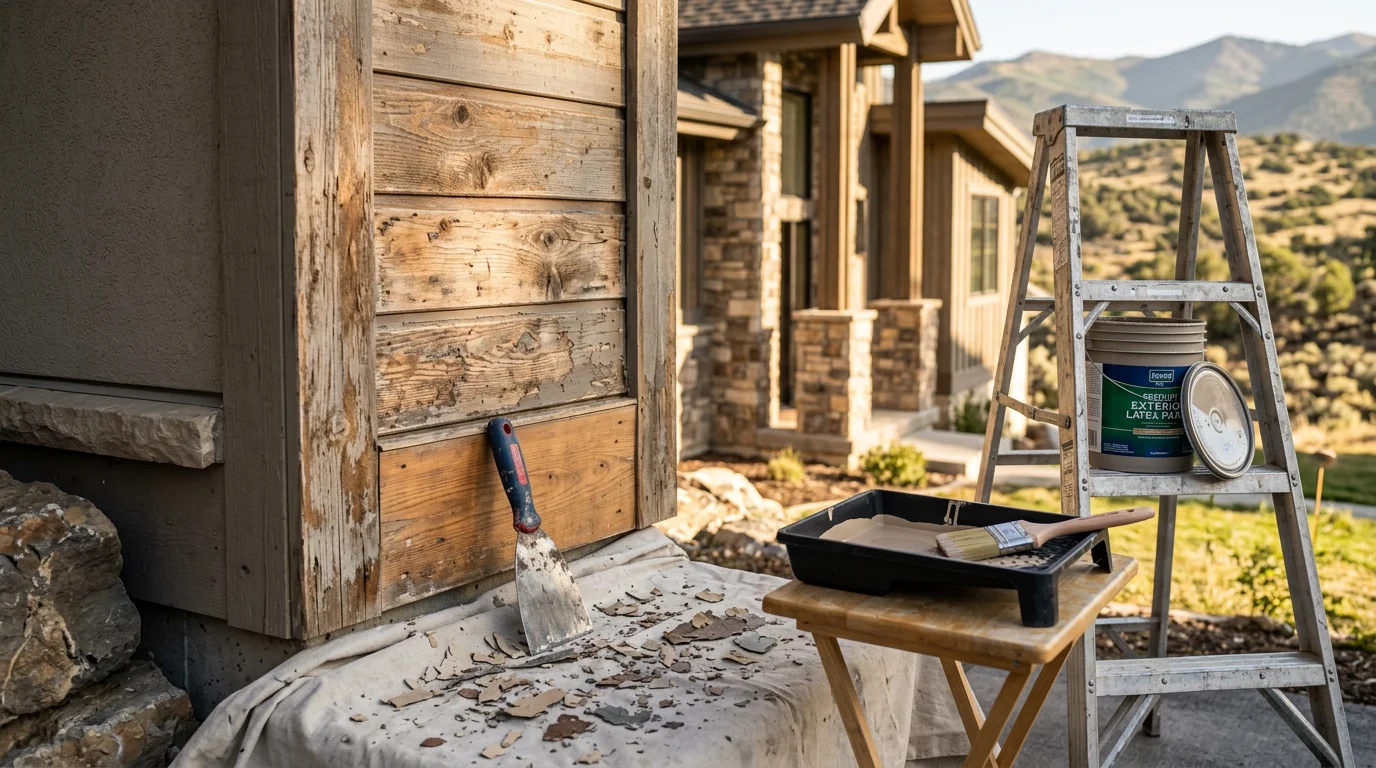 A freshly painted single-family home exterior in Midway, Utah, with clean siding and trim set against a mountain backdrop. The finished surface shows even color coverage on a Swiss-inspired chalet-style facade in the Heber Valley.
