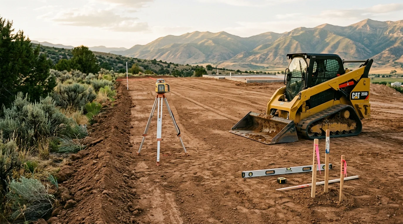 Graded and leveled residential lot in Midway, Utah, with smooth compacted soil sloped away from the building pad. Heavy equipment tracks visible across the prepared surface, ready for concrete work.