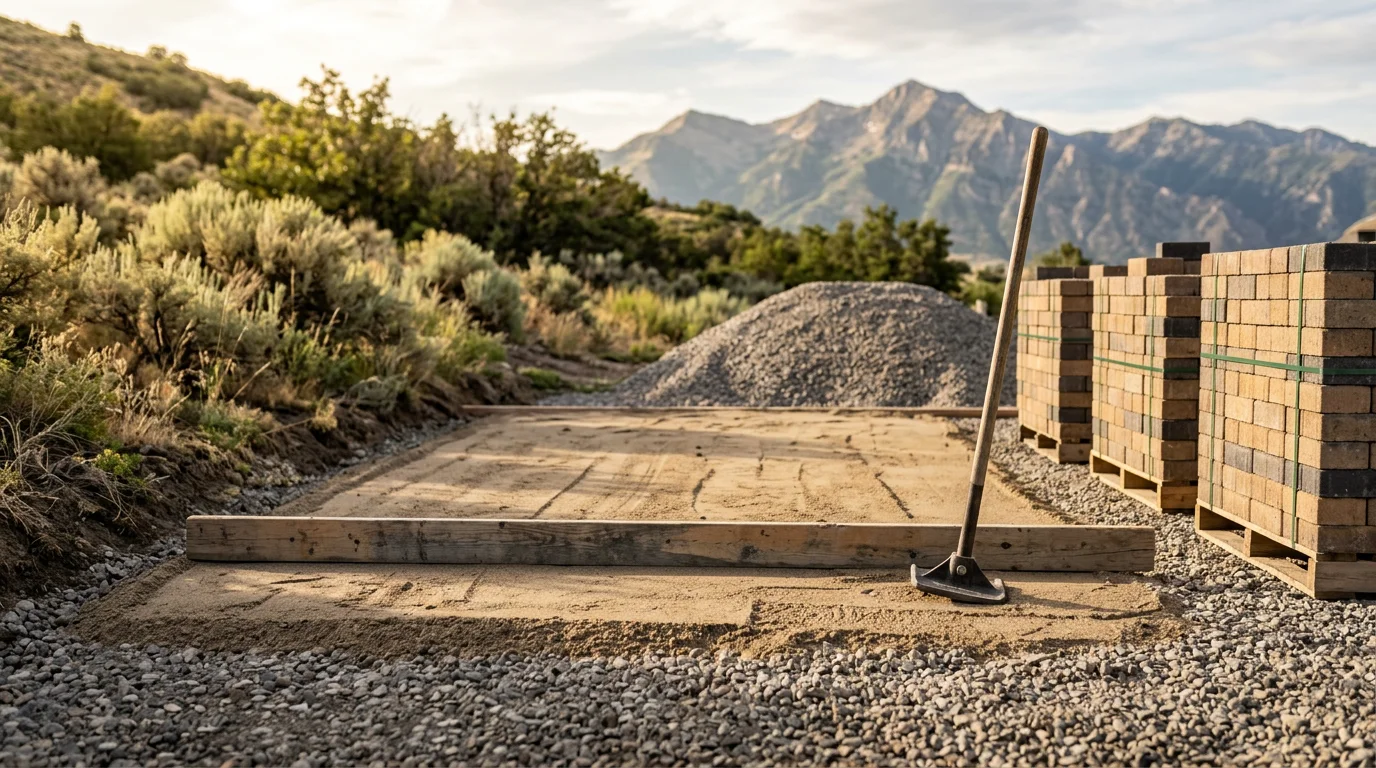 Newly installed stone paver patio and walkway at a residential property in Midway, Utah, with a sloped yard graded and leveled for outdoor living. The finished hardscape connects the home's back entry to a defined outdoor seating area.