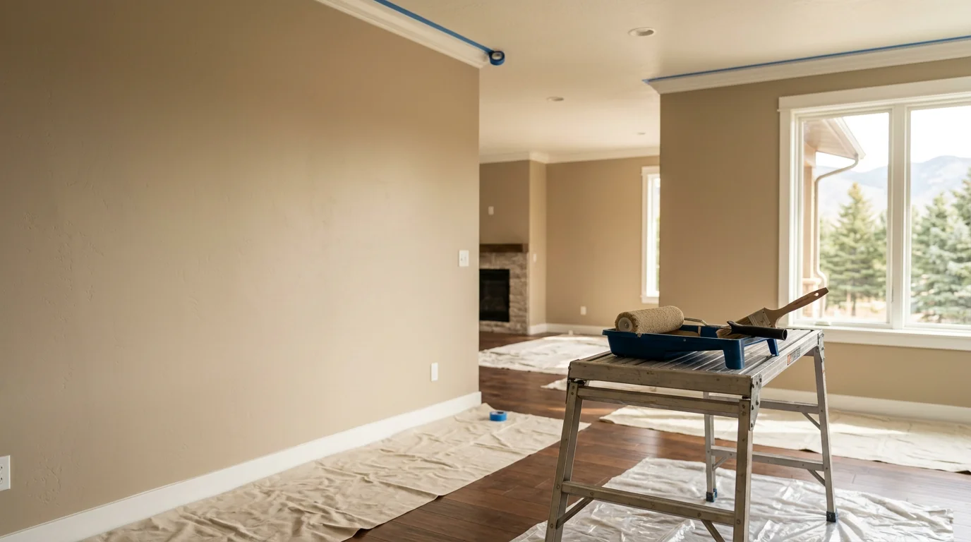 Interior room in a Midway, Utah home with freshly painted walls and clean ceiling lines. Lewis Contracting interior painting project showing smooth, even finish on walls throughout a residential living space.
