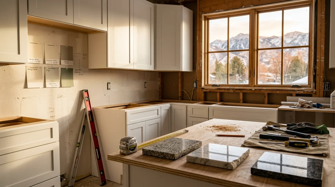 Remodeled kitchen interior in a Midway, Utah home featuring updated cabinetry, new countertops, and a clean open layout. The finished space reflects the mountain-area home style common throughout the Heber Valley.