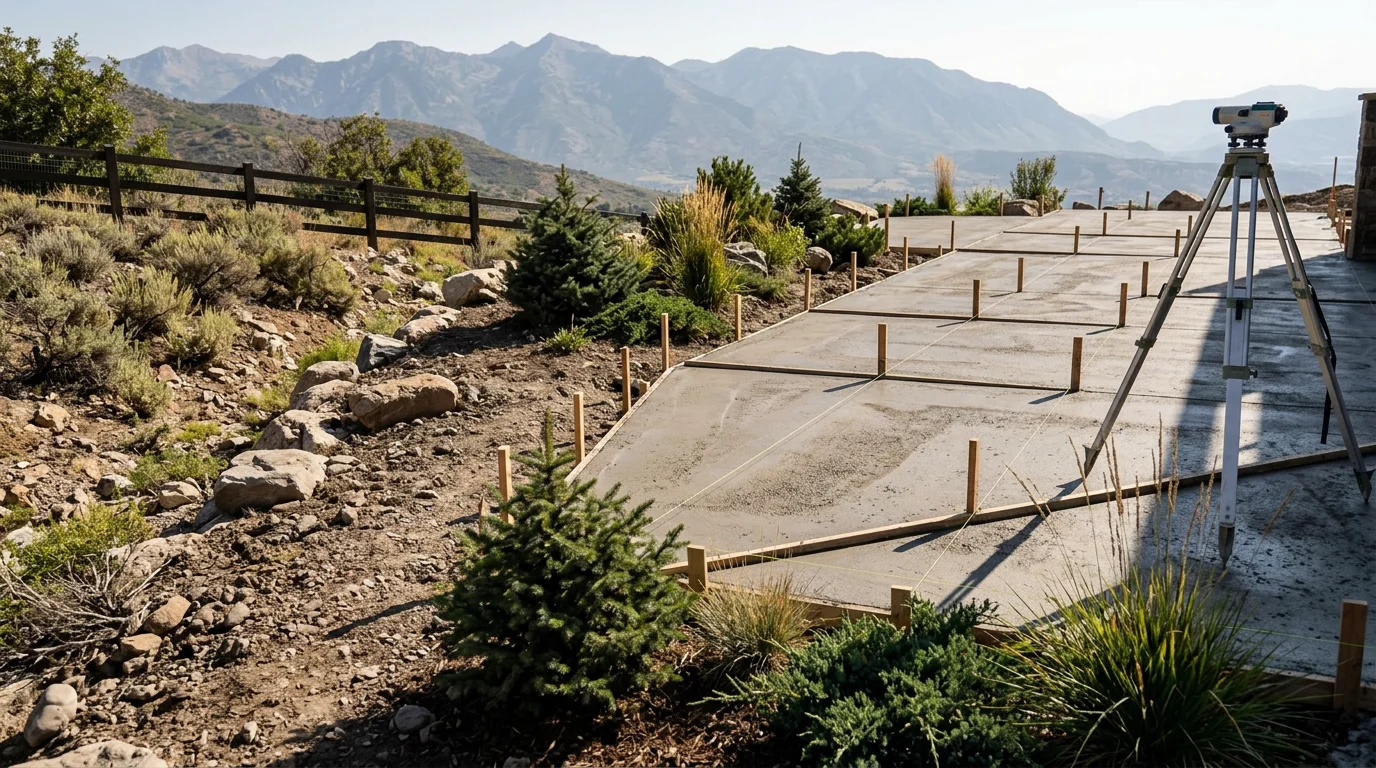 A custom residential landscape design plan laid out for a Midway, Utah property with mountain views and alpine terrain in the background. The design shows defined planting zones, graded slopes, and outdoor living areas suited to the Heber Valley climate.
