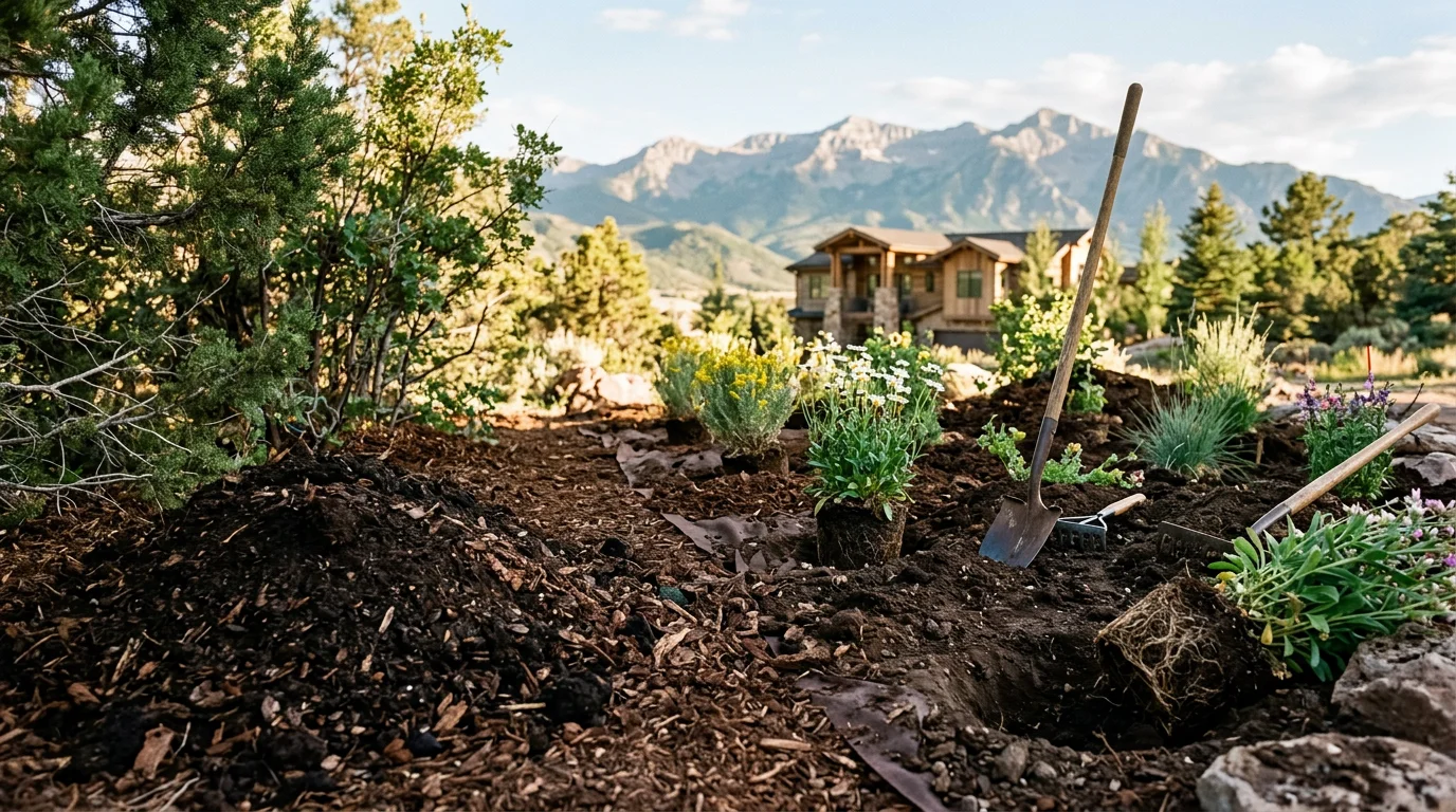 Freshly installed residential landscape in Midway, Utah, featuring planted beds, graded lawn area, and mountain backdrop. Lewis Contracting landscape installation project in the Heber Valley.