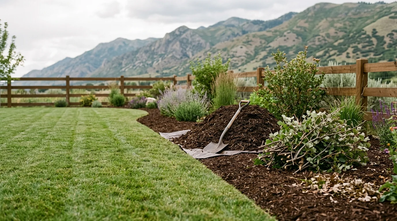 A well-maintained residential lawn in Midway, Utah with neatly edged turf, trimmed shrubs, and clean garden beds. A Lewis Contracting crew performs routine landscape maintenance on the property.
