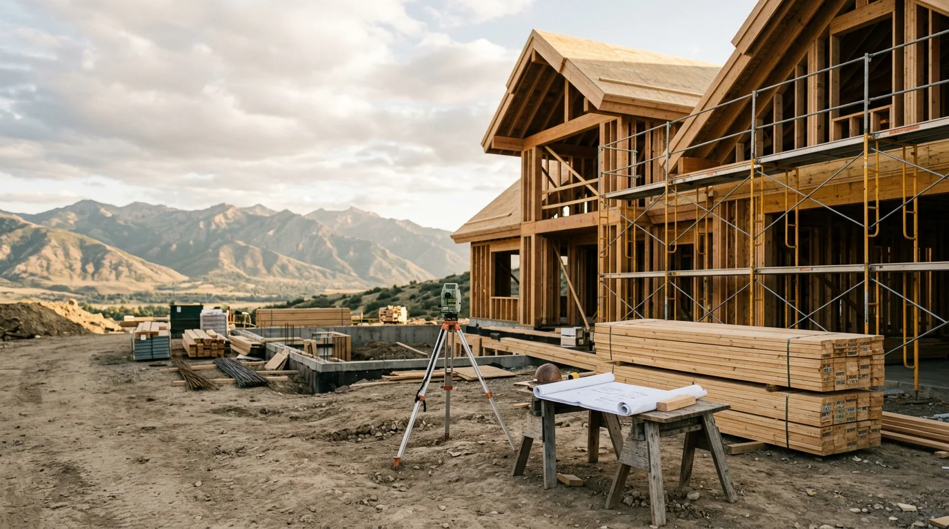 A newly built luxury custom home in Midway, Utah, featuring a steeply pitched roof and mountain views of the Wasatch Range. The home sits on a large lot with open valley scenery typical of the Heber Valley area.