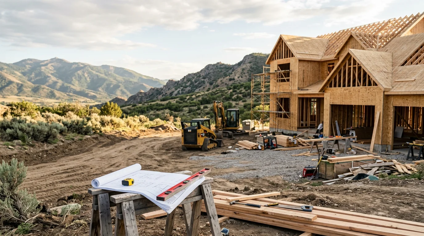 Newly constructed custom home in Midway, Utah with mountain terrain and Heber Valley landscape visible in the background. The home features a completed exterior with clean lines suited to the Wasatch Back setting.