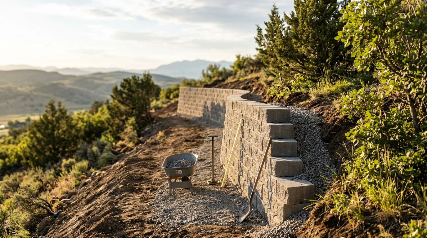 A newly constructed retaining wall on a sloped residential lot in Midway, Utah, with compacted base and drainage integrated behind the wall. The finished wall creates a level yard area with the Wasatch foothills visible in the background.