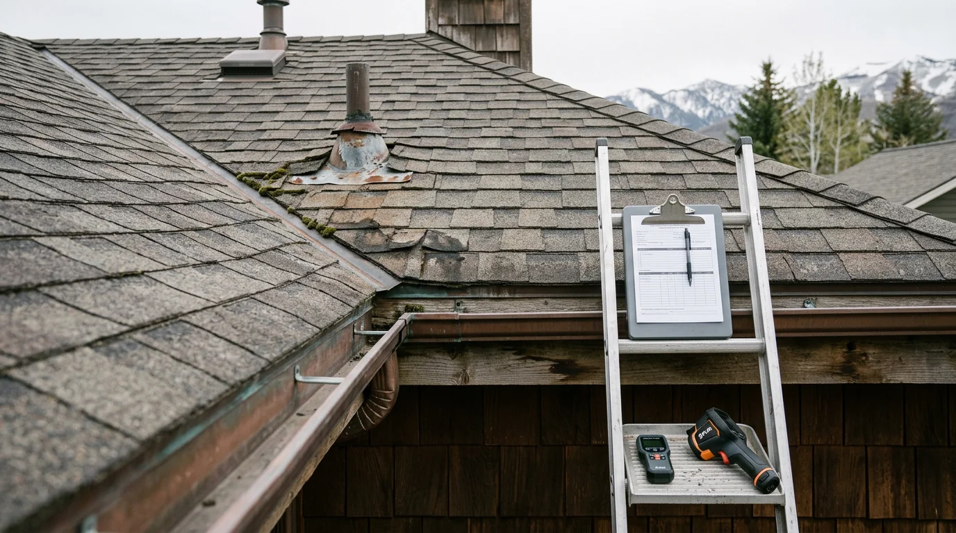 A Lewis Contracting roofer inspecting the eaves and flashing of a residential roof in Midway, Utah, with snow-capped Heber Valley mountains visible in the background. Close-up view shows the inspector examining valley flashing for signs of ice dam damage and freeze-thaw wear.