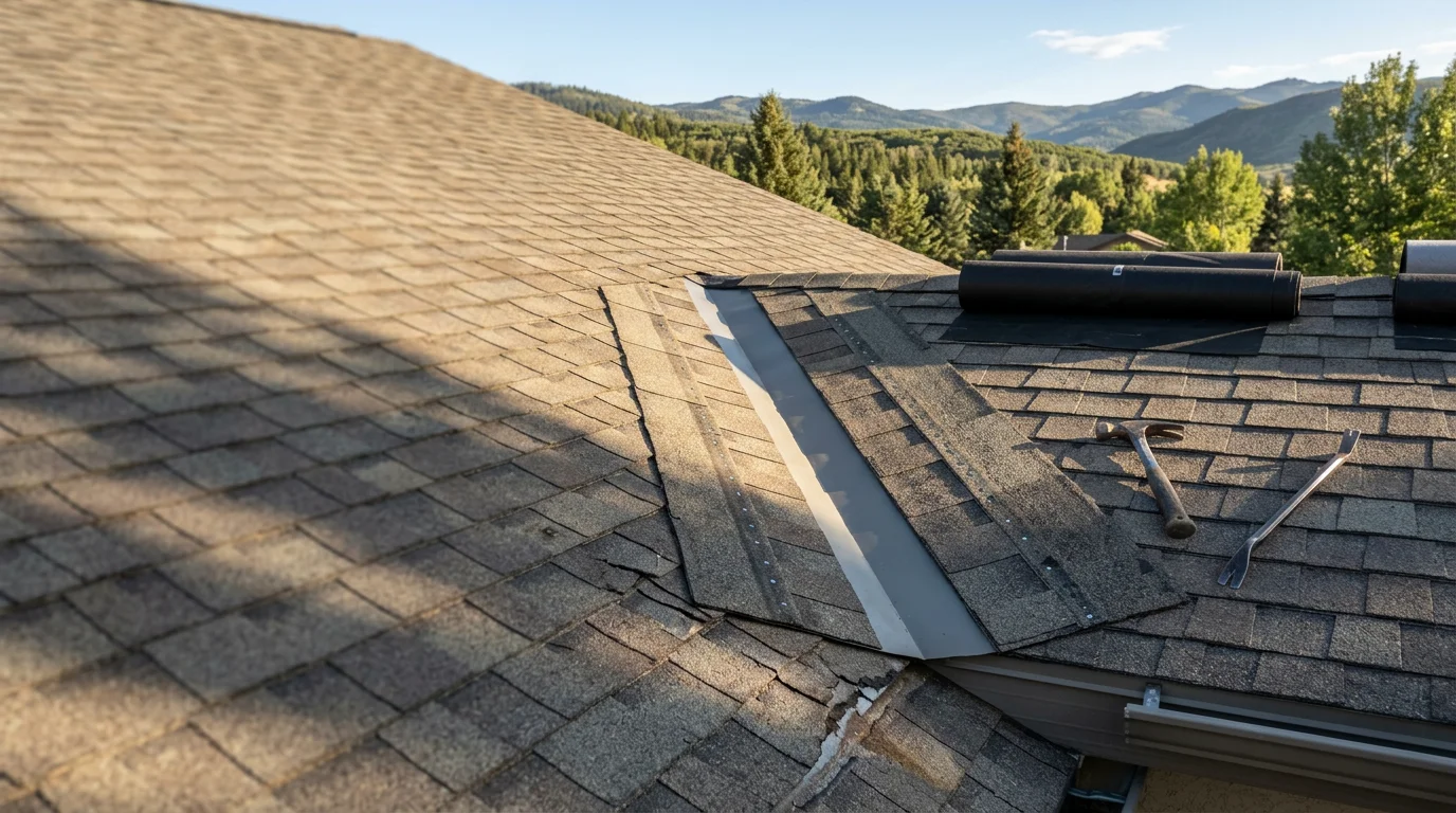 A roofing contractor repairing damaged shingles on a residential home in Midway, Utah, with the Heber Valley mountain landscape visible in the background. Close-up view shows worn flashing and replacement shingles being secured on a steep-pitch roof.