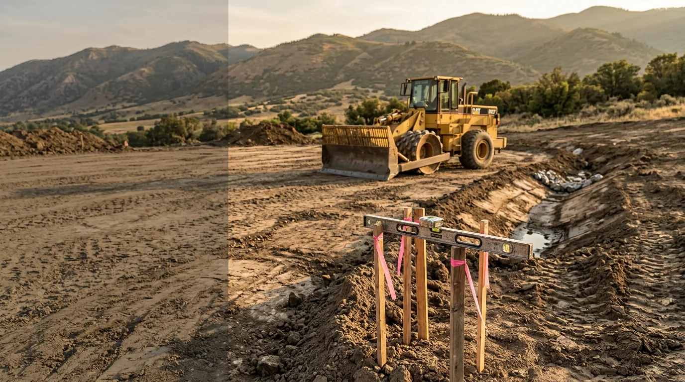 A cleared and graded building site in Midway, Utah, with compacted soil ready for concrete work. Heber Valley terrain and mountain backdrop visible in the distance.
