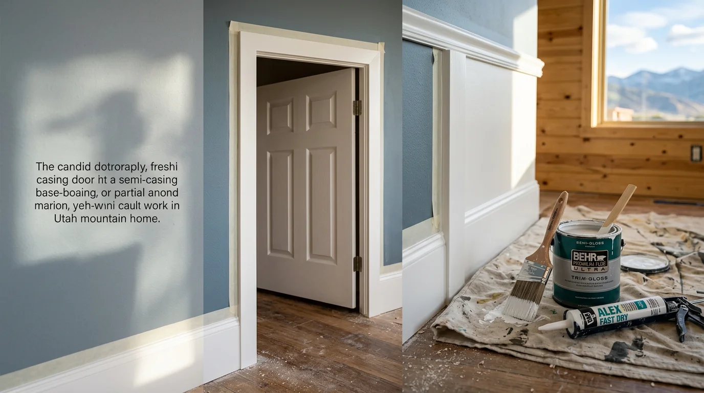 Freshly painted white trim and door casing in a Midway, Utah home interior, showing clean edges where the trim meets a neutral-colored wall. Close-up view highlights smooth, even coverage on the baseboard and window frame with no visible brush marks.